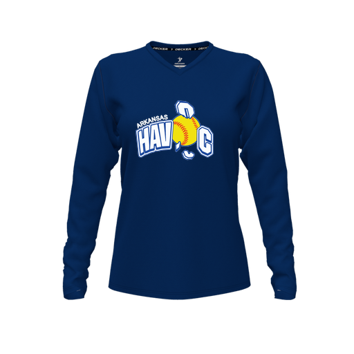 [CUS-DFW-TEES-CMF-VNK-LSL-NVY-FYXS-LOGO1] Comfort T-Shirt (Female Youth XS, Navy, V Neck, Logo 1, Long Sleeve)