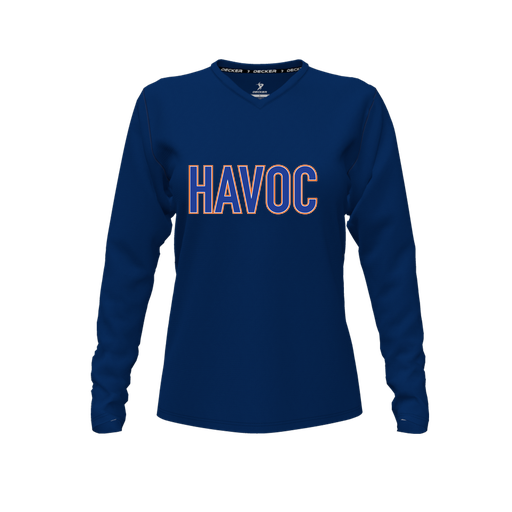 [CUS-DFW-TEES-CMF-VNK-LSL-NVY-FYXS-LOGO2] Comfort T-Shirt (Female Youth XS, Navy, V Neck, Logo 2, Long Sleeve)