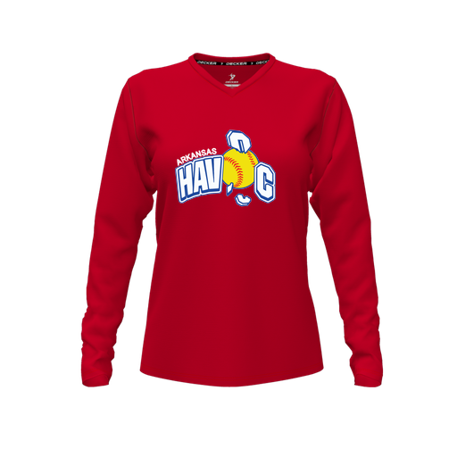 [CUS-DFW-TEES-CMF-VNK-LSL-RED-FYXS-LOGO1] Comfort T-Shirt (Female Youth XS, Red, V Neck, Logo 1, Long Sleeve)